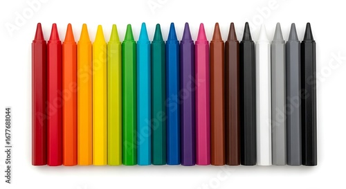 A vibrant collection of Crayola crayons arranged in a spectrum of colors, showcasing a rainbow of hues from red to gray.