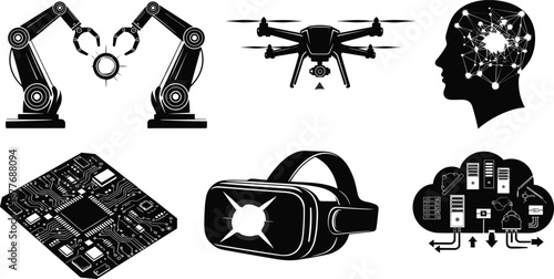 Robotics, drone, artificial intelligence, microchip, virtual reality, cloud computing, modern technology, innovation, automation, digital transformation, machine learning, 