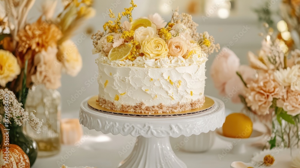 Fototapeta premium Elegant Floral Cake with Yellow Accents and Fresh Ingredients