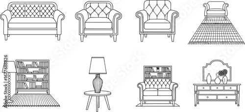 sofa, armchair, bookshelf, floor lamp, table lamp, dresser, mirror, home decor, furniture set, interior design, living room, seating, storage, lighting, tufted chair, rug, 