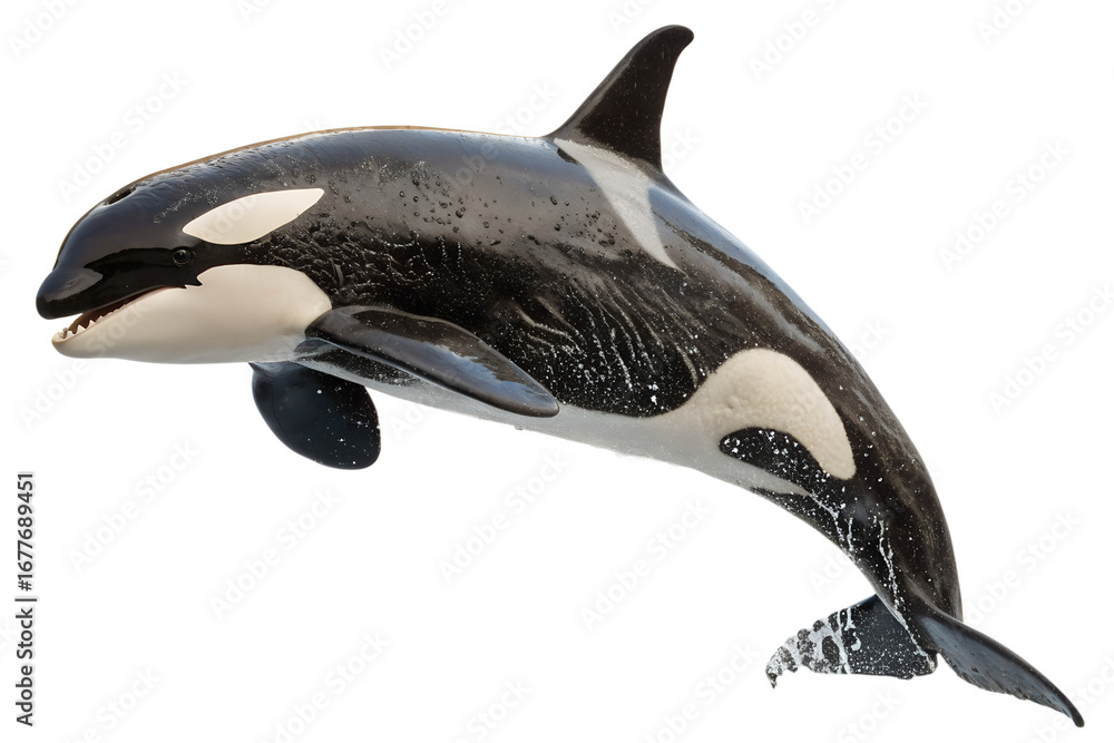 Obraz premium Spectacular view of a large orca killer whale jumping from the water. An iconic marine predator and symbol of ocean wildlife, isolated on white