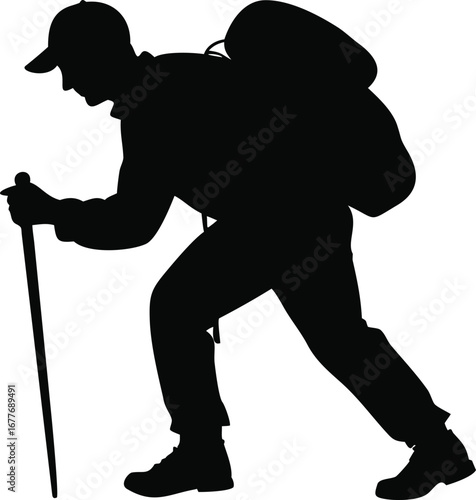 Lone silhouette of a hiker with backpack and trekking pole ascending a slope representing adventure and exploration silhouette