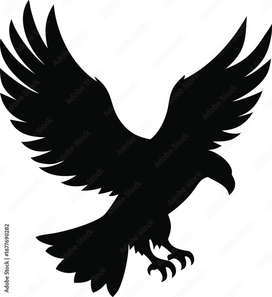 Fototapeta premium Powerful black silhouette of a majestic eagle in mid-flight with wings spread wide and talons extended silhouette