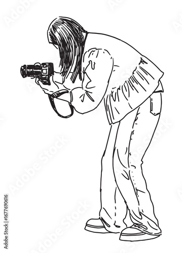 One young modern city girl photographing on camera outdoors, creative hobby, side view, vector outline hand drawn illustration