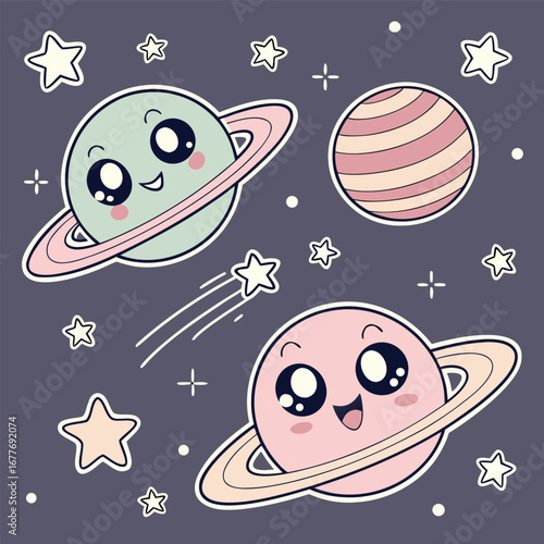 Adorable kawaii space creatures floating among stars and planets featuring cute aliens and cosmic elements in a vibrant colorful vector illustration perfect for children s designs