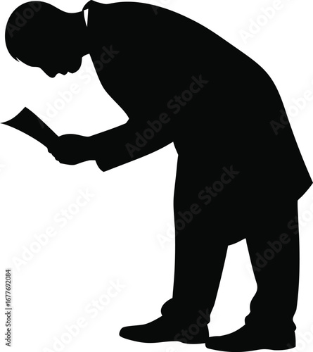 Silhouette of a businessman focused on reading a document while standing in professional attire silhouette