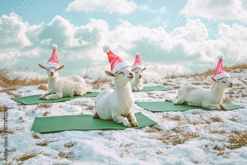 Four adorable goats wearing Santa hats perform yoga poses on green mats in a snowy landscape, creating a whimsical and festive scene of relaxation and cheer during winter.