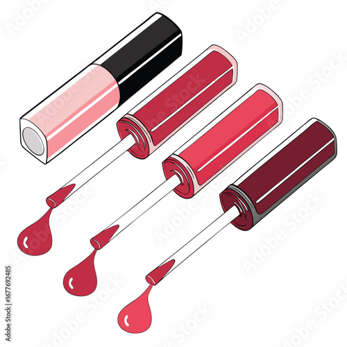 Collection of vibrant lip gloss tubes in various shades showcasing a glossy finish and appealing to beauty and makeup enthusiasts for advertising and promotional use