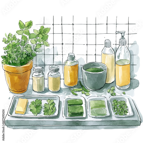 Spring Cleaning Flat Illustration, watercolor painting vector, isolated on a white background.