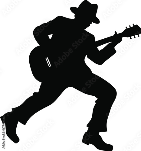 Energetic blues musician silhouette playing guitar solo in dynamic pose capturing movement and passion silhouette