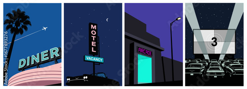 Classic American Night Scenes Illustration: Retro Diner, Motel, Arcade, Drive-in Movie Collage