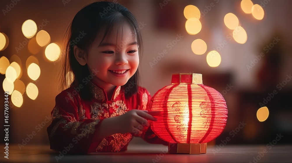 Naklejka premium Asian Young Girl Creating Red Paper Lanterns During Joyful Chinese New Year Celebration Workshop