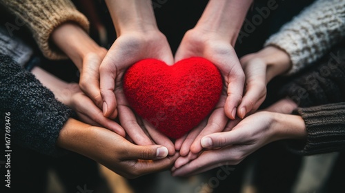 Hands reaching together with symbolic red heart shape, concept of collective donation and kindness for Giving Tuesday support