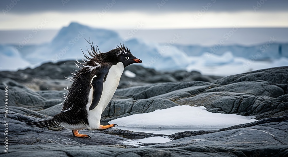 Obraz premium Penguin Strolling Across Rocky Terrain with Distant Icebergs, Capturing Wildlife in Natural Polar Environment, Majestic Landscape.