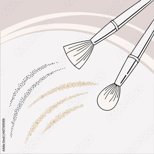 Close up of makeup brushes elegantly dipped into shimmering metallic powder creating a luxurious and artistic visual effect with vibrant color splashes