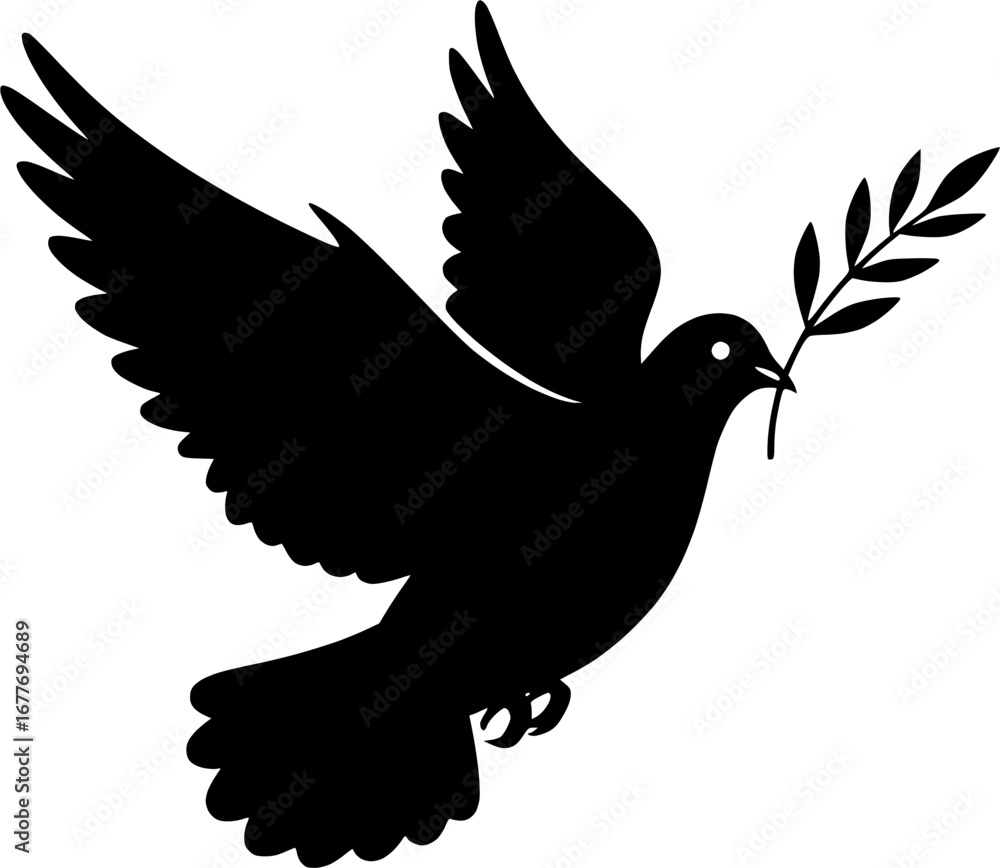 Obraz premium Dove of peace with an olive branch vector icon silhouette on a white background 