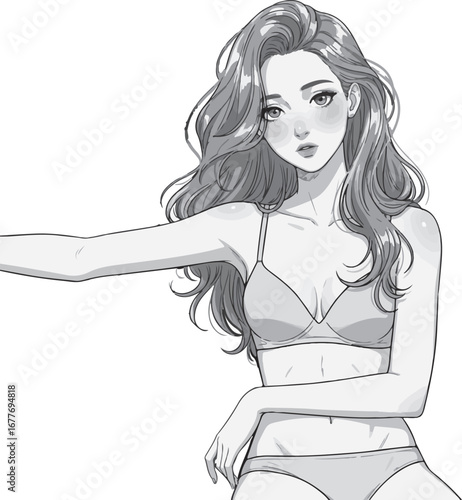 Beautiful cartoon woman with captivating eyes and flowing hair striking a confident pose in lingerie