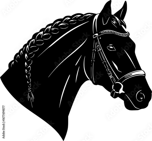 A black and white graphic illustration of a horse head with bridle and braided mane detail design
