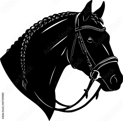 A black and white graphic illustration of a horse head with bridle and braided mane detail design
