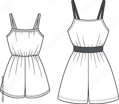 Sleeveless romper CAD sketch, flat vector fashion illustration, elastic waist playsuit design, front and back technical drawing for apparel production
