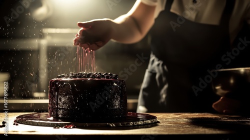 Person Sprinkling Berry Sauce on Dark Chocolate Cake in Kitchen