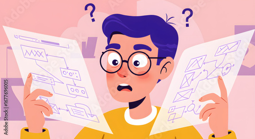 Confused Man with Two Flowcharts