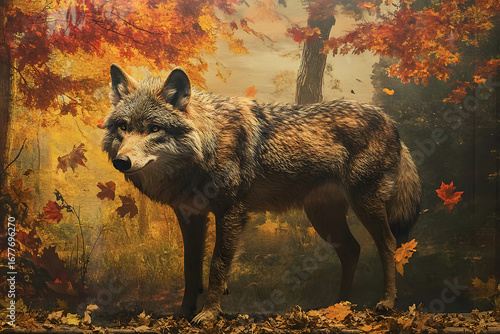 Vibrant Autumn Forest Painting Featuring a Watchful Wild Canine