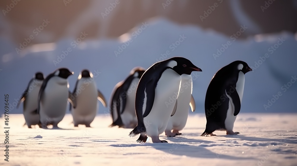 Obraz premium Group of Penguins Walking Together on Icy Antarctic Terrain