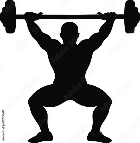 Muscular athlete silhouette performing overhead barbell squat strength training exercise dynamic action shot silhouette