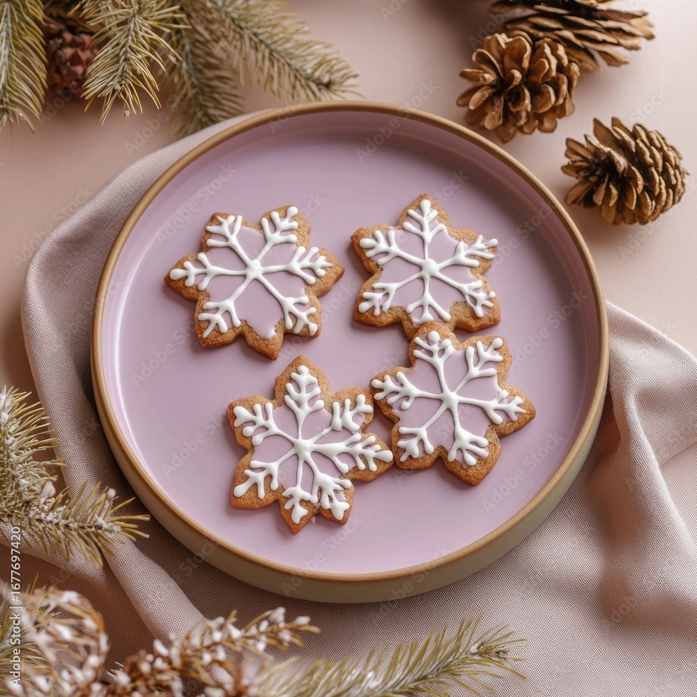 Fototapeta premium Charming snowflake-shaped cookies adorned with delicate icing, resting on a subtle pastel pink plate, perfect for festive occasions and holiday celebrations, adding a sweet touch to festivities.