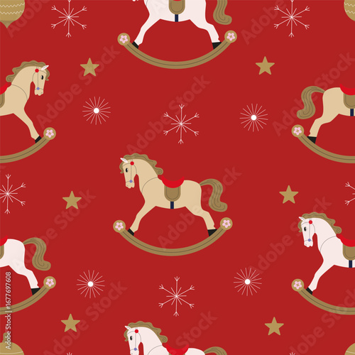 Rocking horses, stars and snowflakes seamless pattern on red background. Christmas holiday and winter celebration wallpaper.