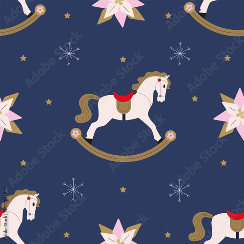 Rocking horses, stars and snowflakes seamless pattern on blue background. Christmas holiday and winter celebration wallpaper.