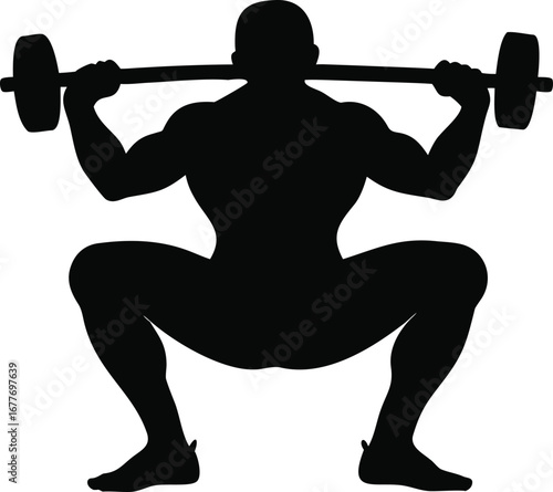 Silhouette of a muscular man performing a barbell squat exercise in a gym for strength training silhouette