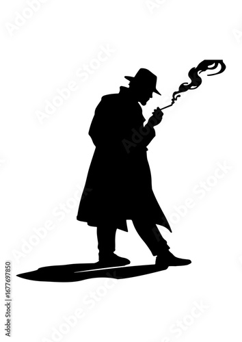 Silhouette of Detective Smoking a Pipe in Trench Coat and Hat