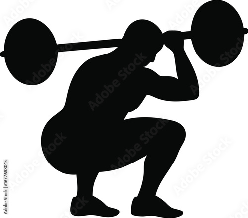 Silhouette of a muscular person performing a barbell front squat exercise for strength training and fitness silhouette