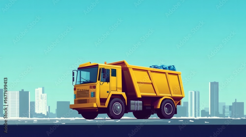 Naklejka premium Yellow dump truck on city street, carrying trash bags.