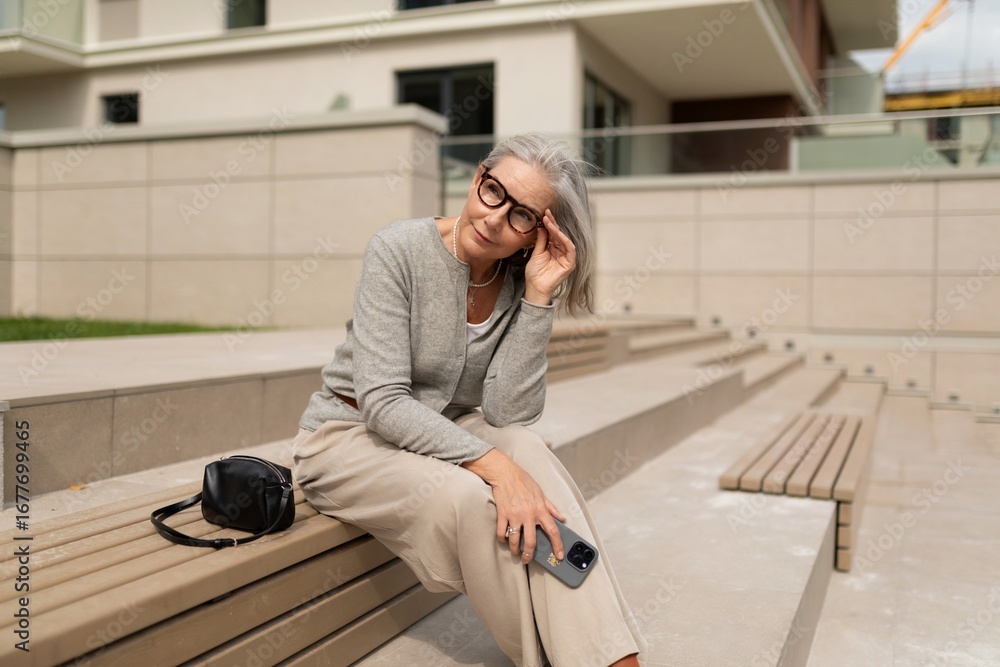 Obraz premium Senior woman sitting on outdoor steps in modern urban setting, enjoying sunny day while using smartphone