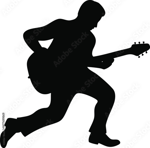 Dynamic silhouette of a musician actively playing electric guitar in a lively pose silhouette