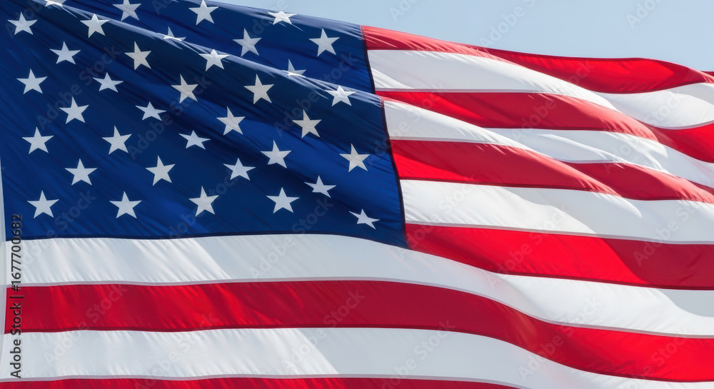 Obraz premium Close up of the american flag waving gently in the breeze on a bright sunny day with clear blue sky