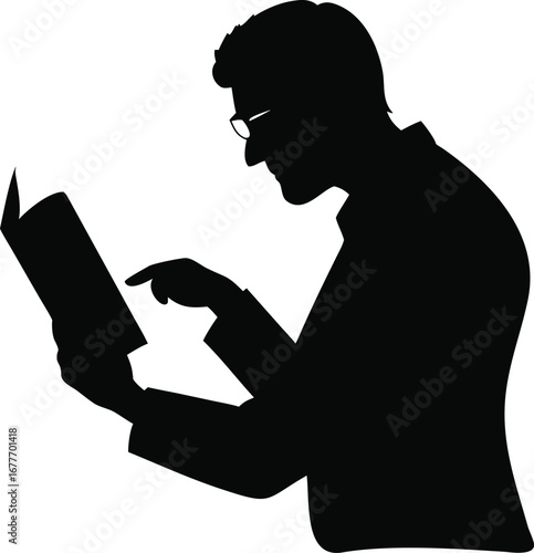 Silhouette of a man wearing glasses and a cap reading a book focused and engaged silhouette