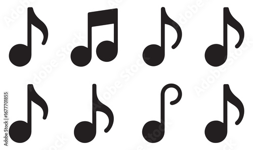 Minimal music icons pack of notes, treble clef, rhythm, harmony, and sound for entertainment, audio, and musical composition design