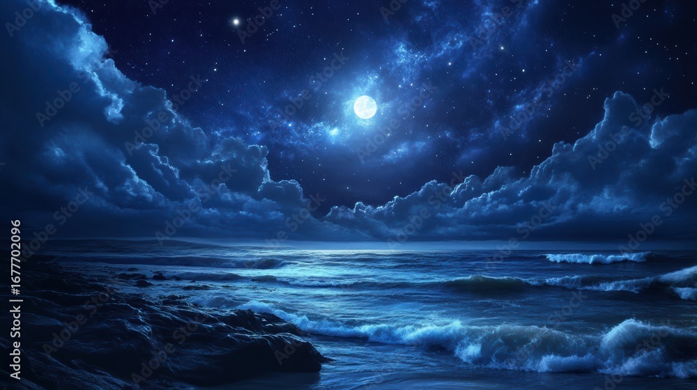 Fototapeta premium A serene night scene featuring a moonlit ocean under a starry sky, with dramatic clouds reflecting the deep blue hues of night.