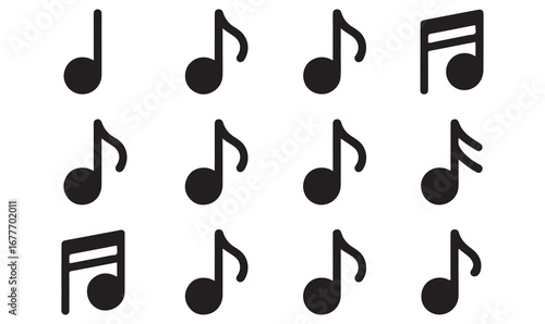 Outline vector icons of music notes, symbols, treble clef, rhythm, melody, and harmony for sheet music and performance design