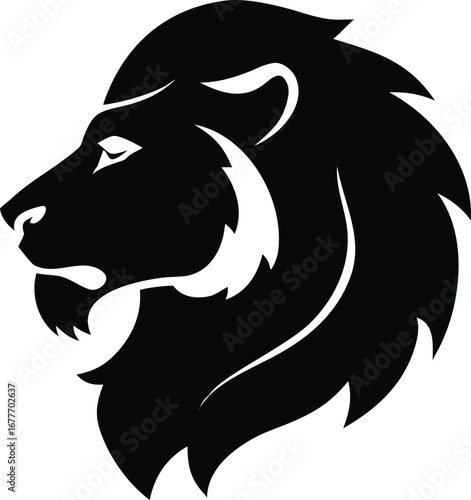 Powerful majestic lion head profile silhouette symbolizing strength courage and royalty in black and white graphic art silhouette