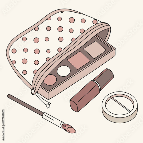 Open makeup bag with scattered blush mascara and eyeliner for beauty and cosmetic themes