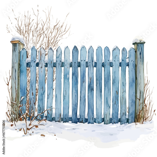 Snow-covered Fence, watercolor illustration vector, isolated on a white background.