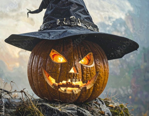 Halloween carved pumpkin in a witch's hat