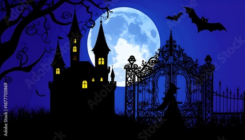 Halloween castle silhouette at night