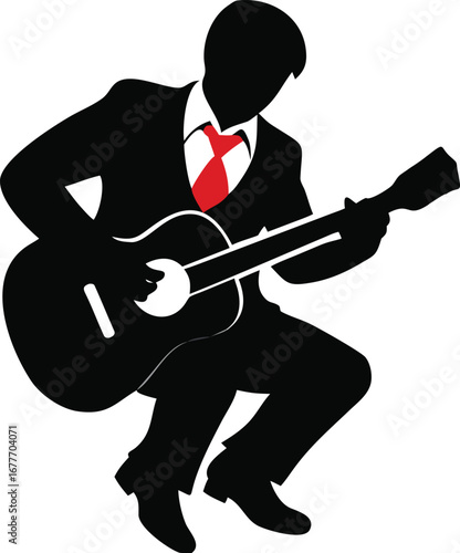 Man in black suit with red tie playing acoustic guitar silhouette rock and roll performer silhouette