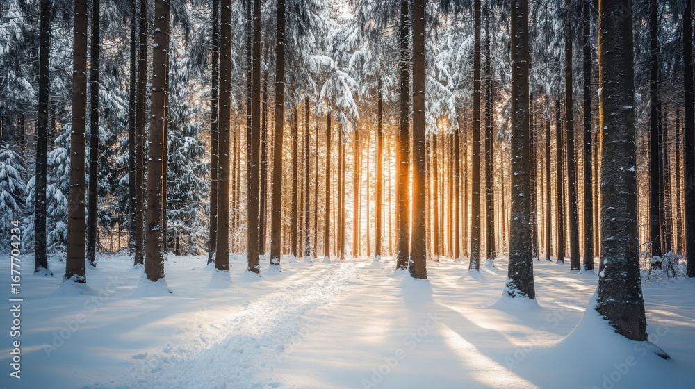 Naklejka premium A serene winter forest scene with tall trees blanketed in snow, illuminated by warm sunlight streaming through the trunks.